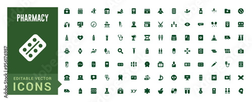 Pharmacy icons set. Editable vector icon collections. Filled icon set, vector illustration. Solid icon set. Glyph icon set for web and ui. Editable stroke.