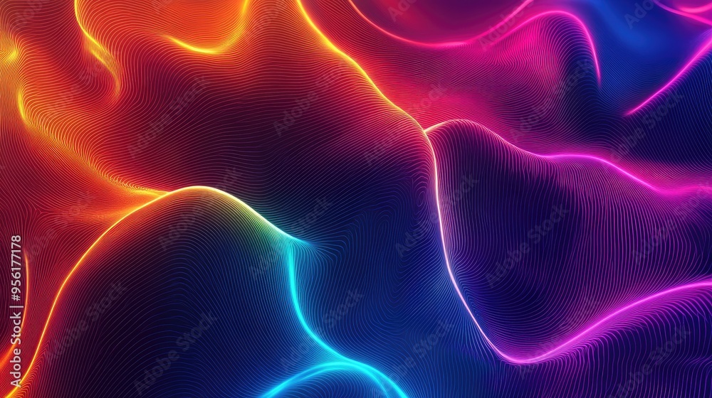 Abstract illustration featuring a dark colorful neon light gradient background in line art style Abstract illustration featuring a dark colorful neon light gradient background in line art style