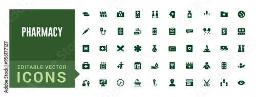 Pharmacy icons set. Editable vector icon collections. Filled icon set, vector illustration. Solid icon set. Glyph icon set for web and ui. Editable stroke.