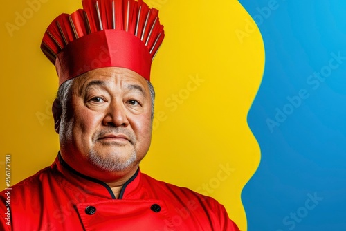 Serious Chef in Red Uniform and Tall Toque Against Yellow and Blue Background photo