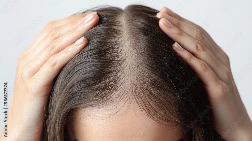 Fototapeta premium Hair loss concept. A close-up of the woman's hands touching her hair shows signs of thinning and sparse areas on the top of her head. on a white background.