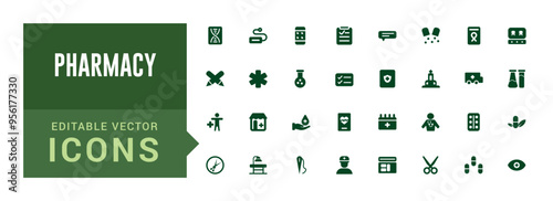 Pharmacy icons set. Editable vector icon collections. Filled icon set, vector illustration. Solid icon set. Glyph icon set for web and ui. Editable stroke.