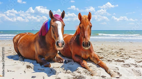 On the beach two horses with brightly colored heads are lying