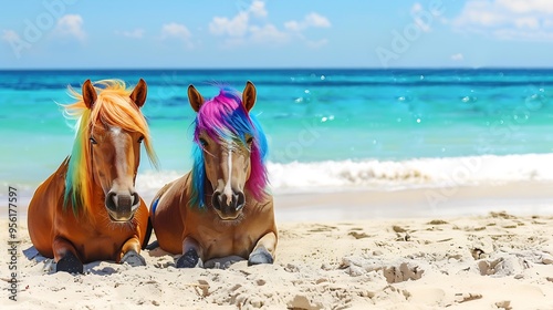 On the beach two horses with brightly colored heads are lying