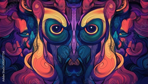 Colorful symmetrical abstract background with intricate details in a line art illustration style