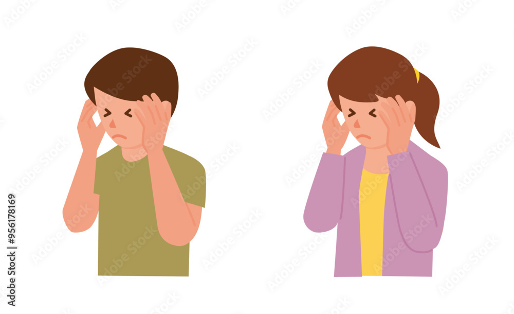 Set of man and woman suffering from headache, with painful expression.