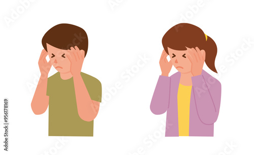 Set of man and woman suffering from headache, with painful expression.
