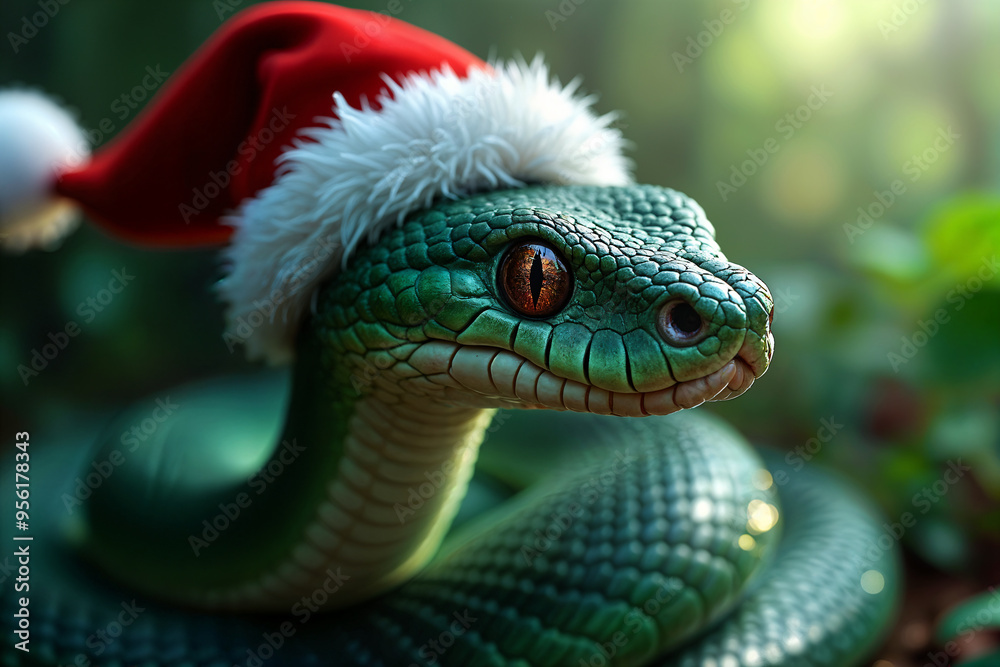 Green snake with a red Santa hat on its head, set against a blurred background of greenery. Green snake with a red Santa hat on its head, set against a blurred background of greenery.