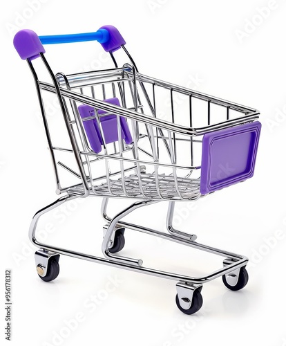 This high-resolution image captures an empty shopping cart in isolation, emphasizing its clean lines and sharp focus against a pure white backdrop.