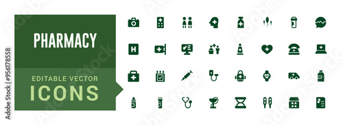 Pharmacy icons set. Editable vector icon collections. Filled icon set, vector illustration. Solid icon set. Glyph icon set for web and ui. Editable stroke.