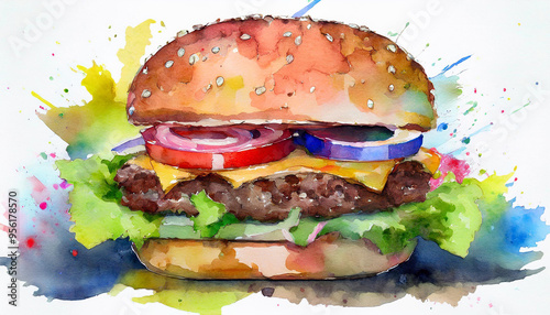 Watercolor illustration of hamburger
