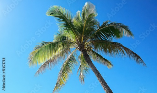 Coconut palm tree against a blue sky background, creating a serene and tropical atmosphere.