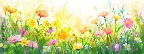 Watercolor illustration of wildflowers on a sunny summer day featuring lush green grass and vibrant blooms Suitable for a book cover or greeting card design