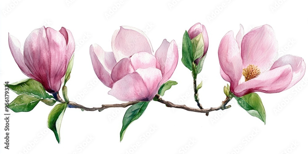 Watercolor Set of Pink Magnolia Flowers Watercolor Set of Pink Magnolia Flowers