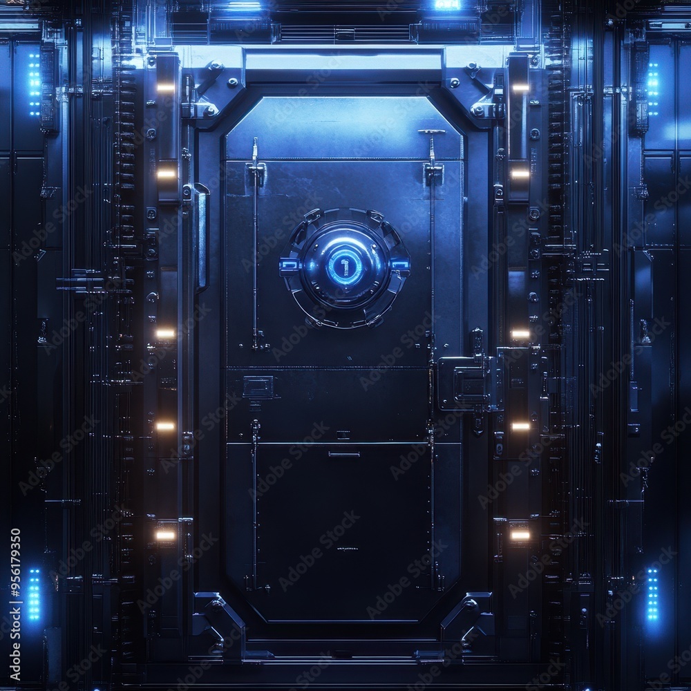 Futuristic Sci-Fi Door with Glowing Blue Lights and Number One Symbol. Futuristic Sci-Fi Door with Glowing Blue Lights and Number One Symbol.