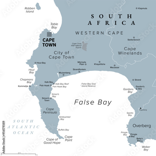 Cape Town, the legislative capital of South Africa, gray political map. With Cape Peninsula and Cape of Good Hope in the south, forming False Bay with beaches of Kalk Bay Riviera and Kalk Bay Reef.