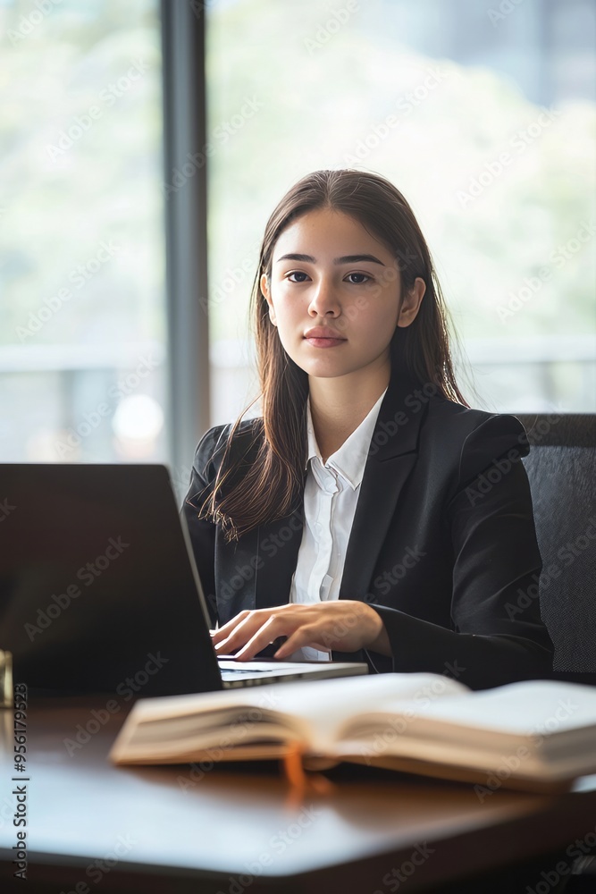 A female lawyer advising clients in a law firm meeting room. She’s providing legal counsel with a laptop and legal books A female lawyer advising clients in a law firm meeting room. She’s providing legal counsel with a laptop and legal books