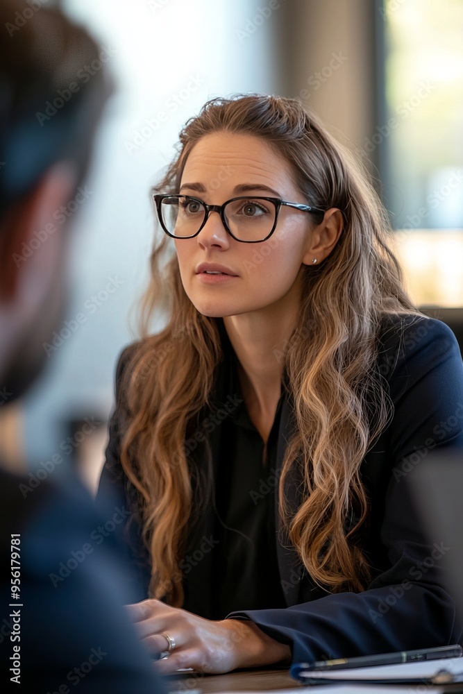 A female lawyer attending a client meeting in a law office. She’s discussing legal strategies and reviewing case details A female lawyer attending a client meeting in a law office. She’s discussing legal strategies and reviewing case details