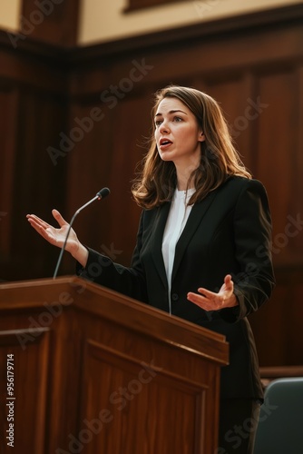 A female lawyer arguing in court. She’s standing at the podium with confidence, presenting evidence and making her case
