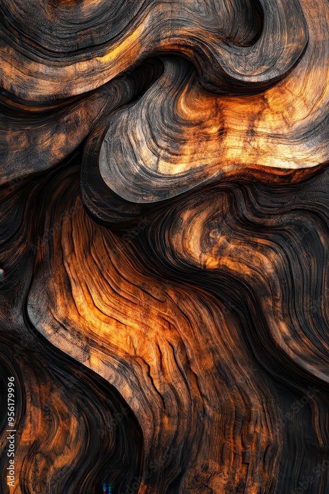 Abstract Wooden Texture with Swirling Grain Patterns, Dark Brown and Orange Hues. Abstract Wooden Texture with Swirling Grain Patterns, Dark Brown and Orange Hues.