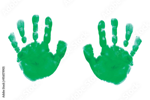 Green print of a child's hands drawn with paint. Green hands print vector icon isolated on white background. Palms.