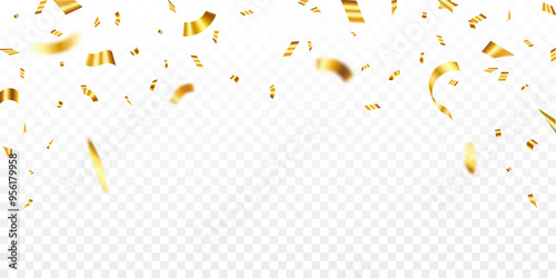 Gold confetti celebration party background design, Falling shiny golden confetti isolated on transparent background. Christmas, New Year, Carnival festivity, Valentine’s Day, Holiday, National Holiday