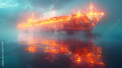 Holographic large cargo ship, vessel on red background in sea covered in fog. Logistics and warehouse technology tracking shipment delivery, Container port Global business import export transportation