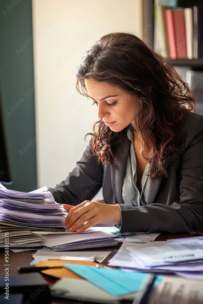 A female lawyer preparing documents for a case. She’s working at her desk, sorting through files and organizing evidence A female lawyer preparing documents for a case. She’s working at her desk, sorting through files and organizing evidence