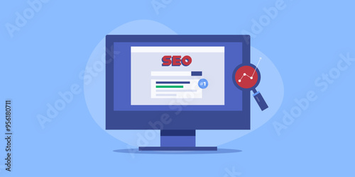 Search engine display contextual link on web browser, SEO text and analytics monitoring with magnifying glass, SEO optimization conceptual vector illustration.