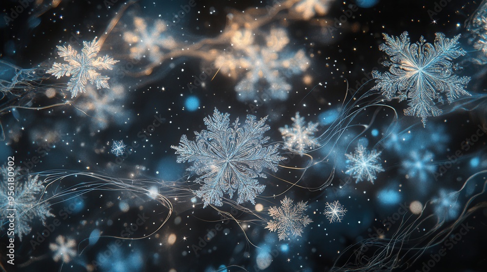 Colorful, intricate snowflakes float amidst gentle lines, creating a mesmerizing winter atmosphere filled with movement. Generative AI Colorful, intricate snowflakes float amidst gentle lines, creating a mesmerizing winter atmosphere filled with movement. Generative AI