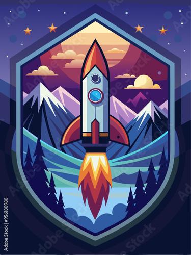 Rocket Launch Over Mountains in a Night Sky with Stars and a Full Moon