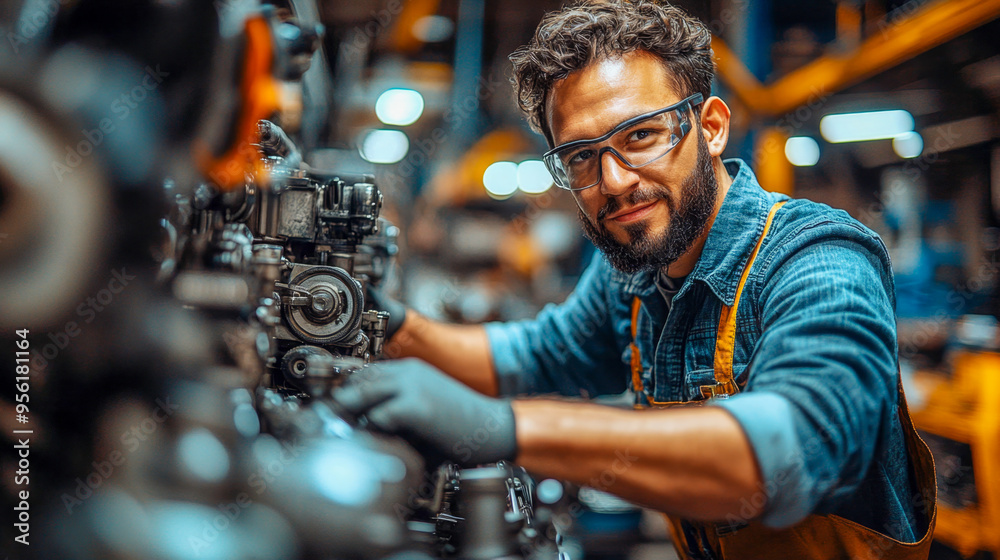 Young mechanic with safety glasses working on a car engine at a repair shop Young mechanic with safety glasses working on a car engine at a repair shop