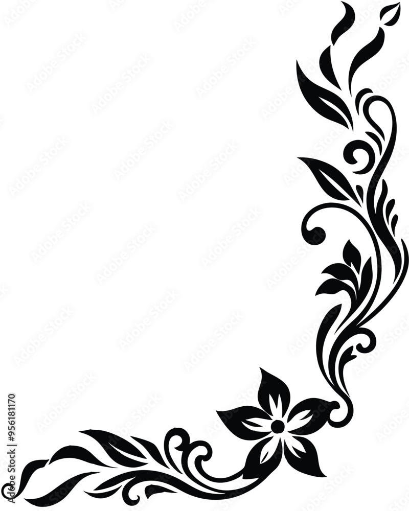 Corner Flower Border Line Art Outline Illustration, Simple and Elegant Floral Design, Isolated on White Background, Perfect for Invitations, Greeting Cards, and Decorative Projects in High-Resolution 