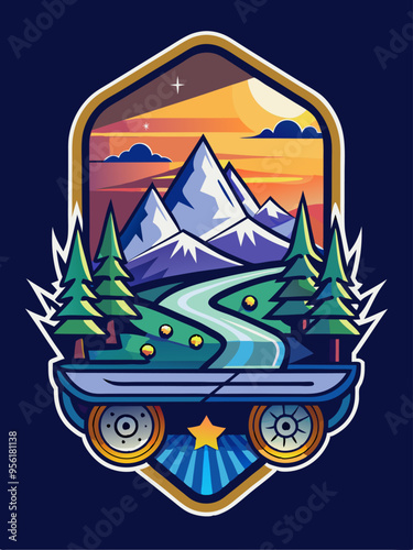 Mountain Sunset Landscape with a Skateboard