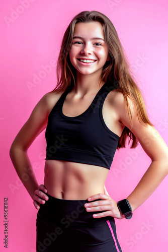 teenage girl in a sport's bra posing on pink background