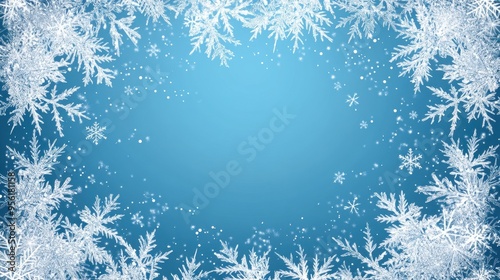Blue and White Winter Background with Snowflakes and Copy Space
