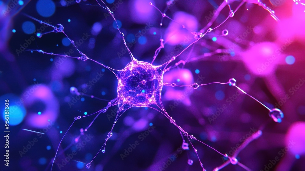 Abstract Neon Nerve Cell with Bokeh Background - Microscopic Science Illustration. Abstract Neon Nerve Cell with Bokeh Background - Microscopic Science Illustration.