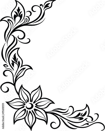 Corner Flower Border Line Art Outline Illustration, Simple and Elegant Floral Design, Isolated on White Background, Perfect for Invitations, Greeting Cards, and Decorative Projects in High-Resolution 