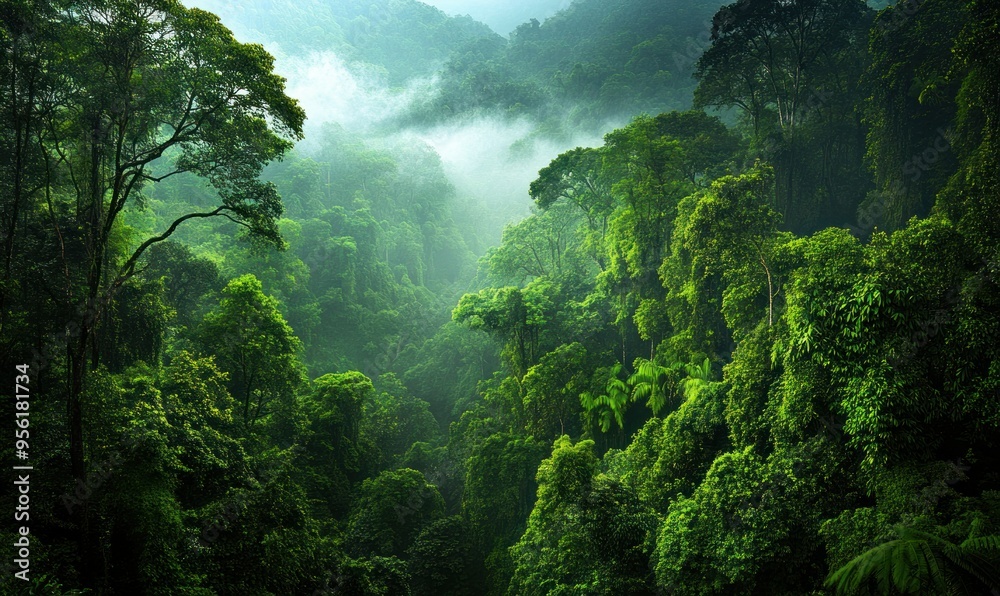 Obraz premium Deep tropical jungles with lush greenery and vibrant foliage. Rainforest morning fog.