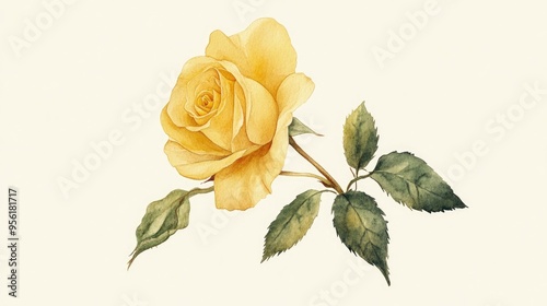 Watercolor painting of a yellow rose Hand painted botanical illustration of a rose branch