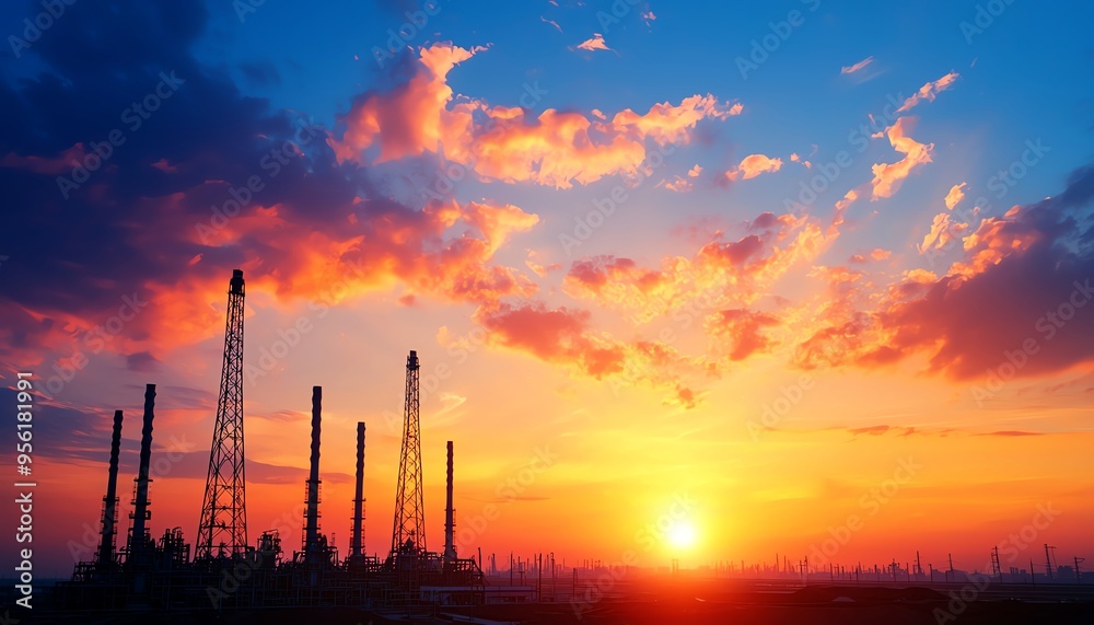 A stunning sunset over industrial power plants, silhouetted against a vibrant sky filled with colorful clouds. A stunning sunset over industrial power plants, silhouetted against a vibrant sky filled with colorful clouds.
