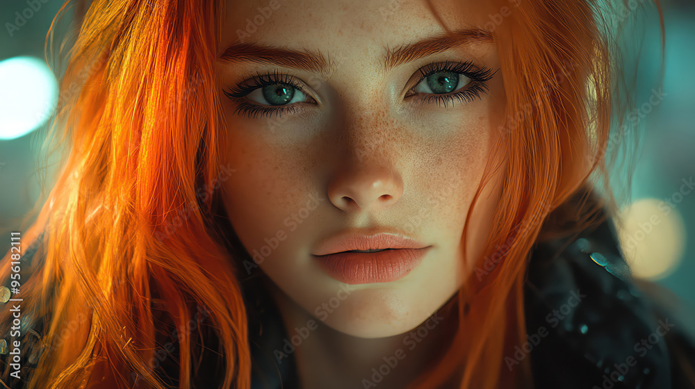 Obraz premium Edgy woman with vibrant red hair in a modern cityscape