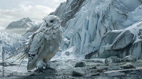 On the glacier floor a feathered adorned duck and a crafted owl photo