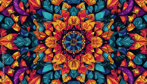 Vibrant mandala line art illustration featuring kaleidoscopic abstract shapes Intricate geometric patterns create a symmetrical graphic design for fabric textile or paper Colorful digital art piec photo