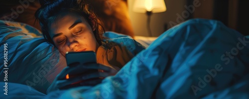 Woman in bed at night, scrolling through her phone photo