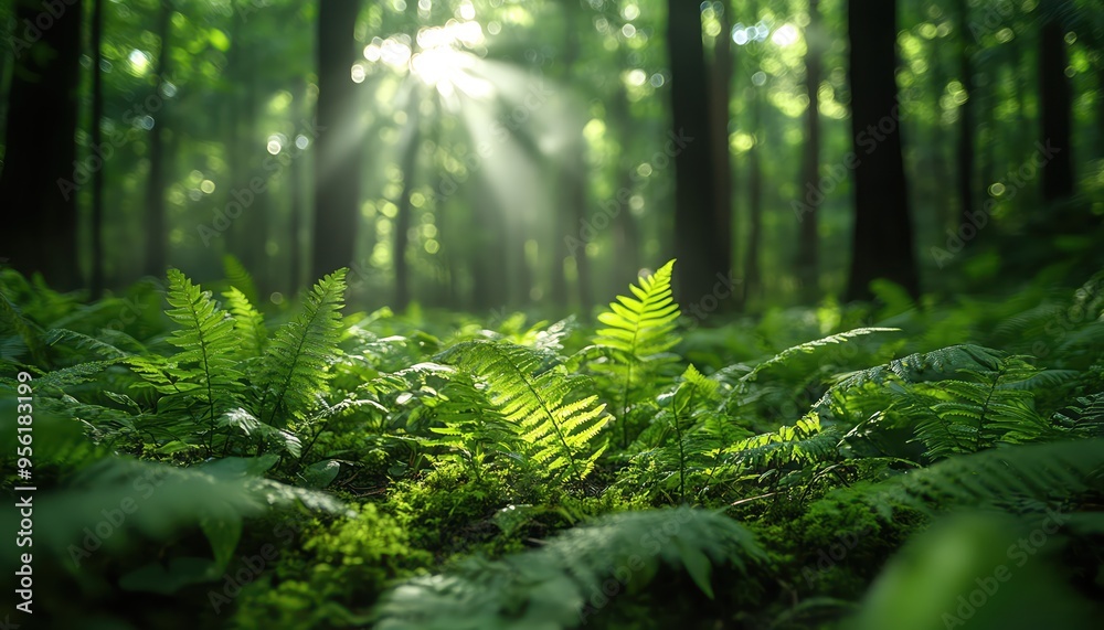 custom made wallpaper toronto digitalLush, green forest floor filled with ferns, moss, and vibrant plant life, illuminated by soft natural light