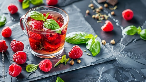 On the marble slate red fruit tea with raspberries and basil