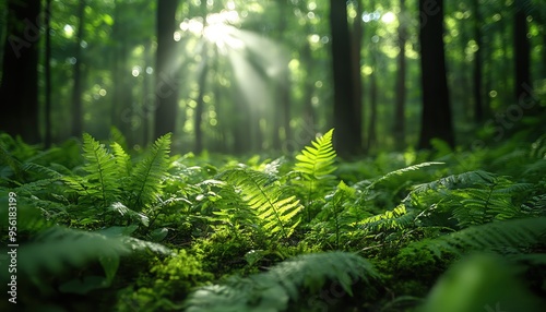 Lush, green forest floor filled with ferns, moss, and vibrant plant life, illuminated by soft natural light photo