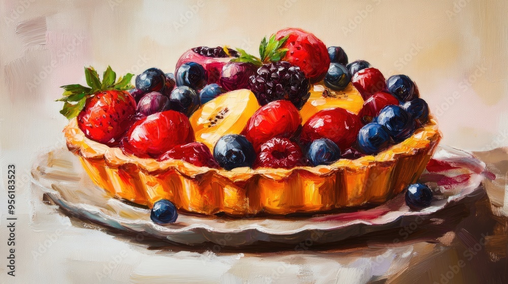 Oil painting depicting a delicious fruit tart showcasing a mouthwatering dessert creation Oil painting depicting a delicious fruit tart showcasing a mouthwatering dessert creation