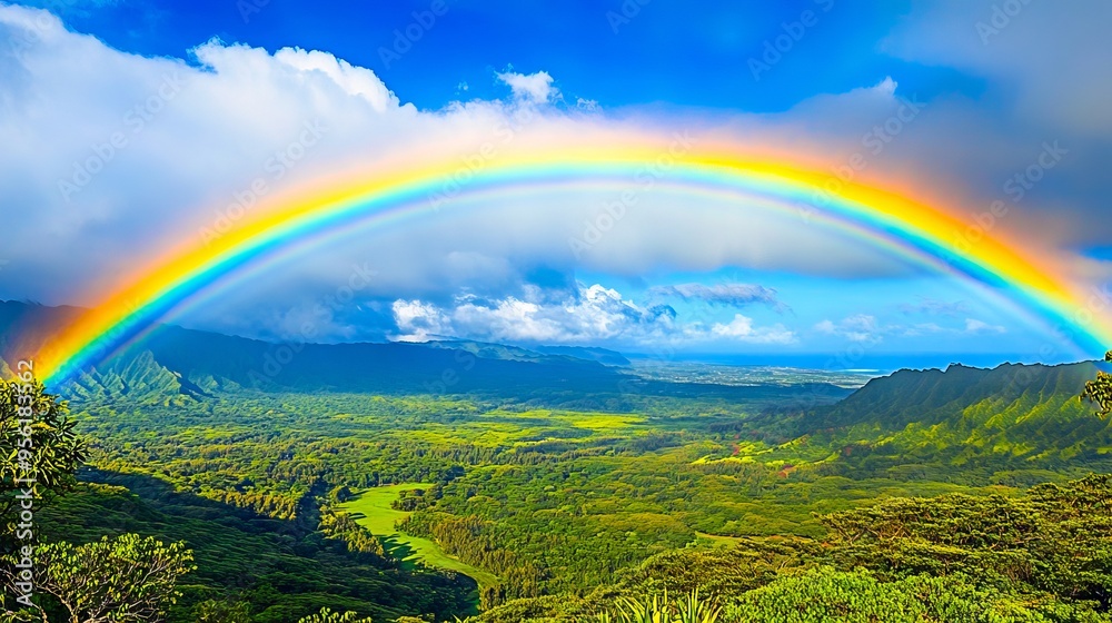 Obraz premium A rainbow in the sky over a lush green valley